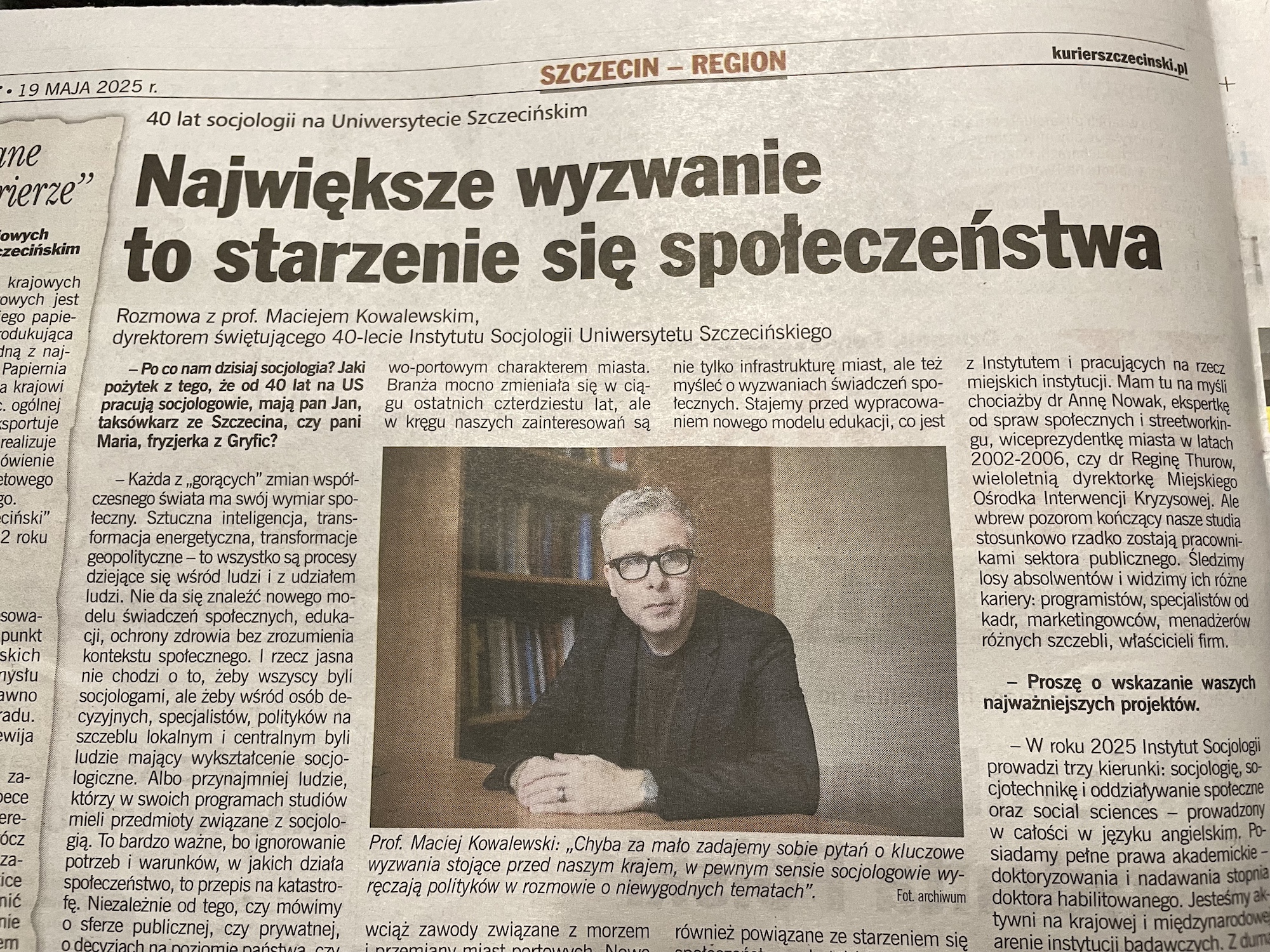 W Kurierze Szczecińskim o jubileuszu 40-lecia Instytutu Socjologii